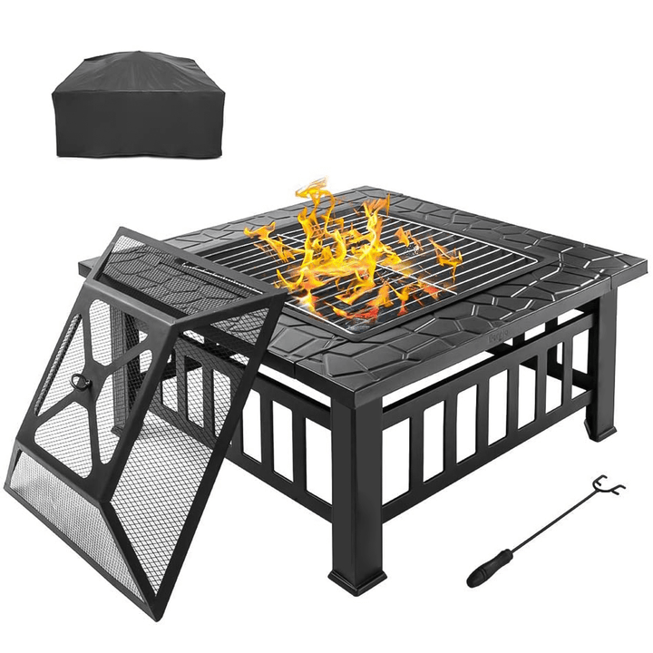 Square Fire Pit BBQ Grill Brazier Garden Warmer Heater Table Stove Outdoor Camping Patio - MRSLM