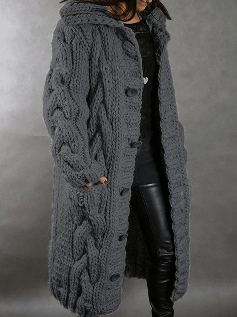 Women Solid Color Jacquard Knitted Mid-Length Hooded Cardigan with Pocket - MRSLM