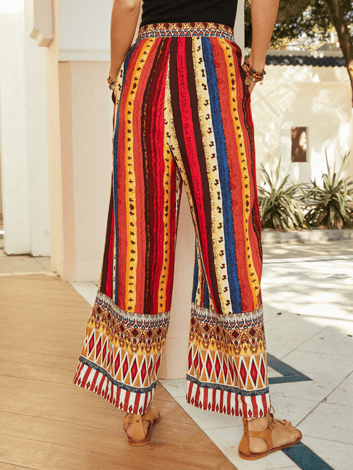 Women Colorful Ethnic Style Striped Print Loose Mid Waist Wide Leg Pants - MRSLM