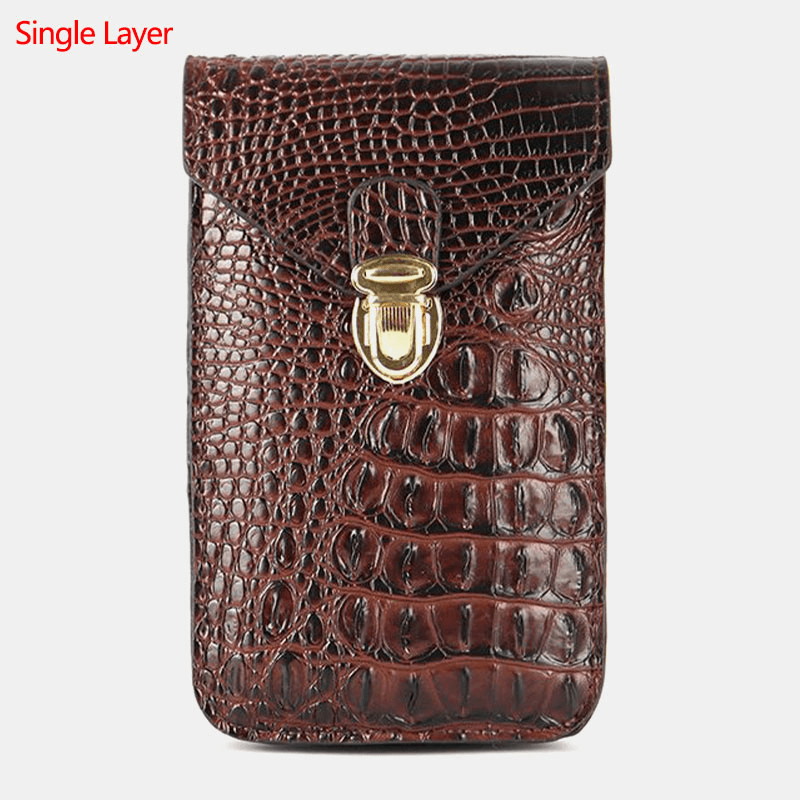 Men PU Leather Crocodile Pattern Multifunctional Casual Double Layer 6.5Inch Phone Bag Waist Bag with Hook - MRSLM