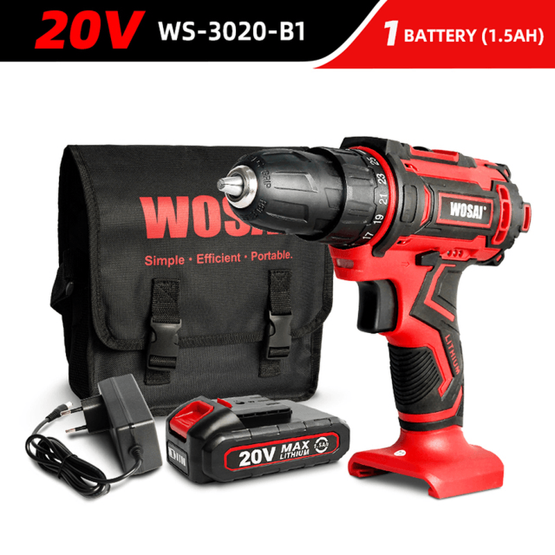 WOSAI 20V Cordless Drill Electric Screwdriver 3/8 Inch Mini Wireless Power Driver DC Lithium-Ion Battery - MRSLM