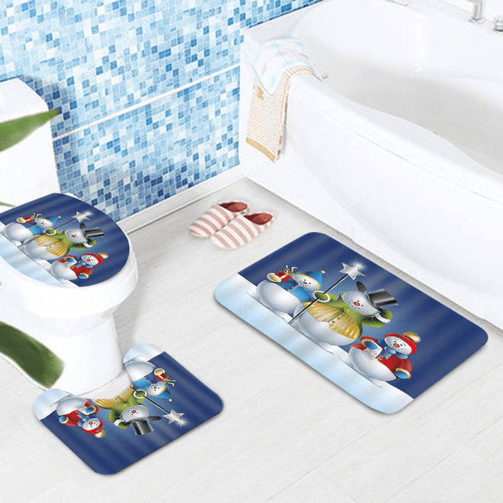 Bathroom Christmas Snowman Shower Curtain & 3PCS Mat Set Toilet Cover 180*180CM - MRSLM