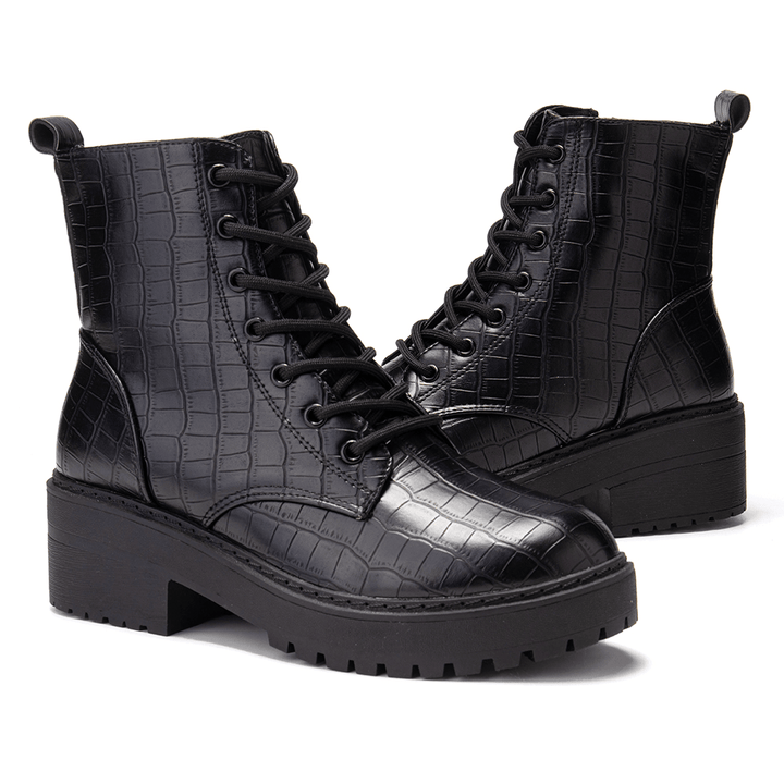 Women Casual British Style Veins Chunky Heel Short Boots - MRSLM