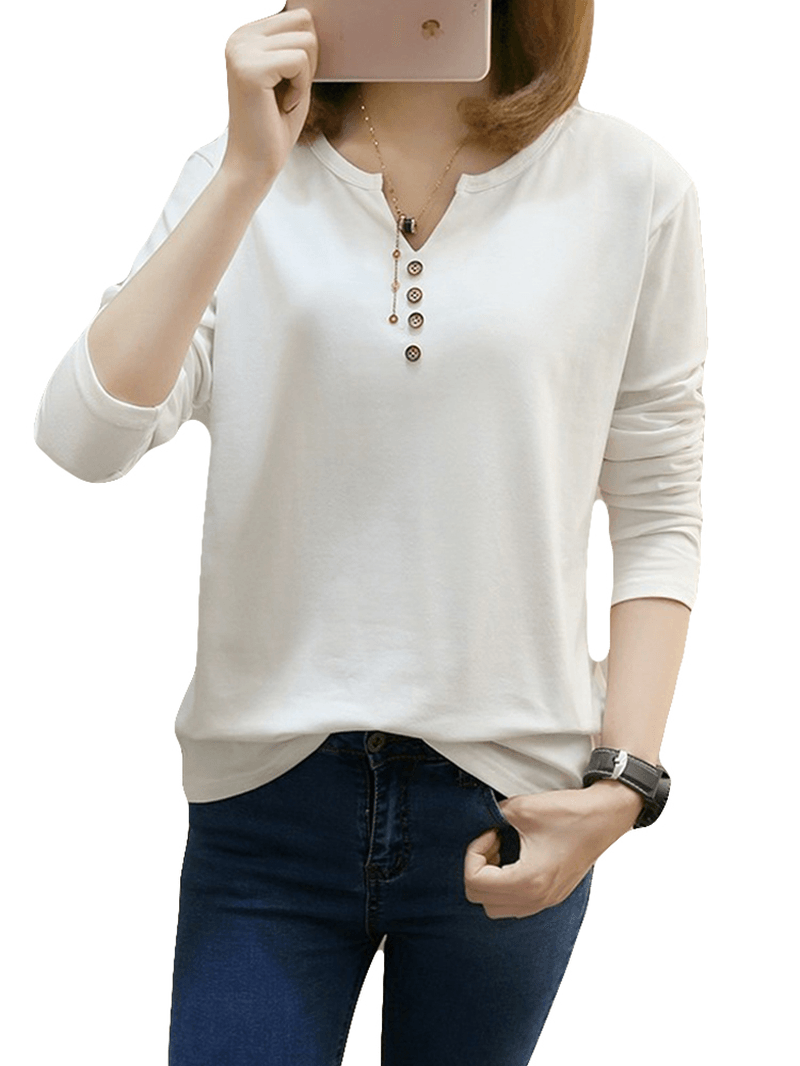 Button Decoration Long Sleeve Blouse - MRSLM