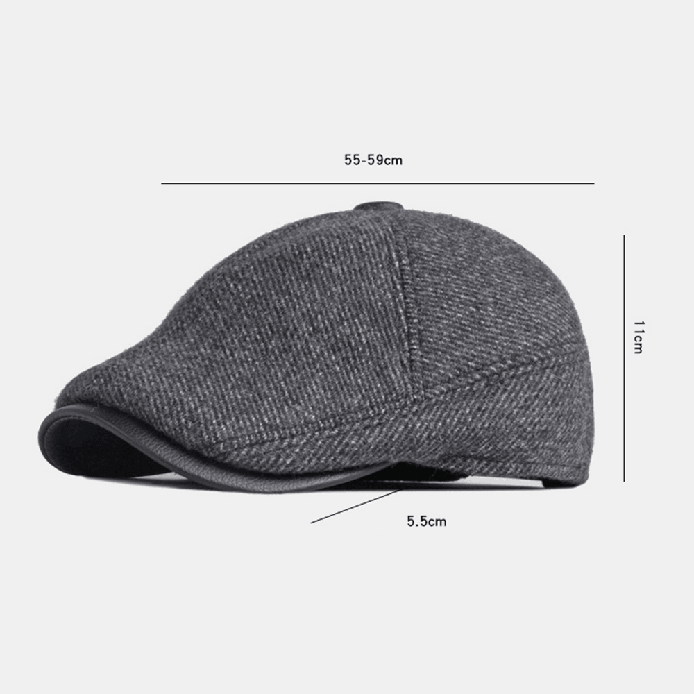 Men Winter Warm Ear Protection Woolen Beret Cap British Retro Short Brim Adjustable Forward Hat Painter Cap - MRSLM