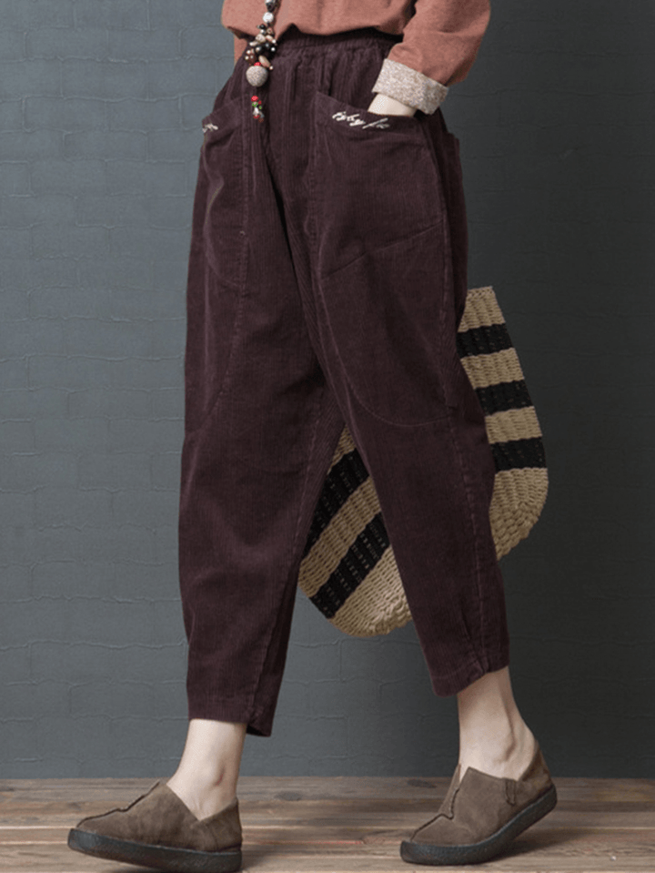 Women Elastic Waist Pocket Corduroy Pants - MRSLM