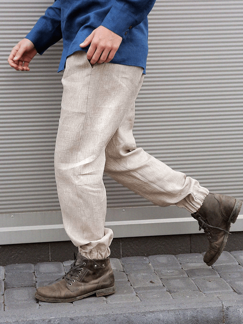 Mens 100% Cotton Solid Casual Drawstring Elastic Ankle Pants - MRSLM