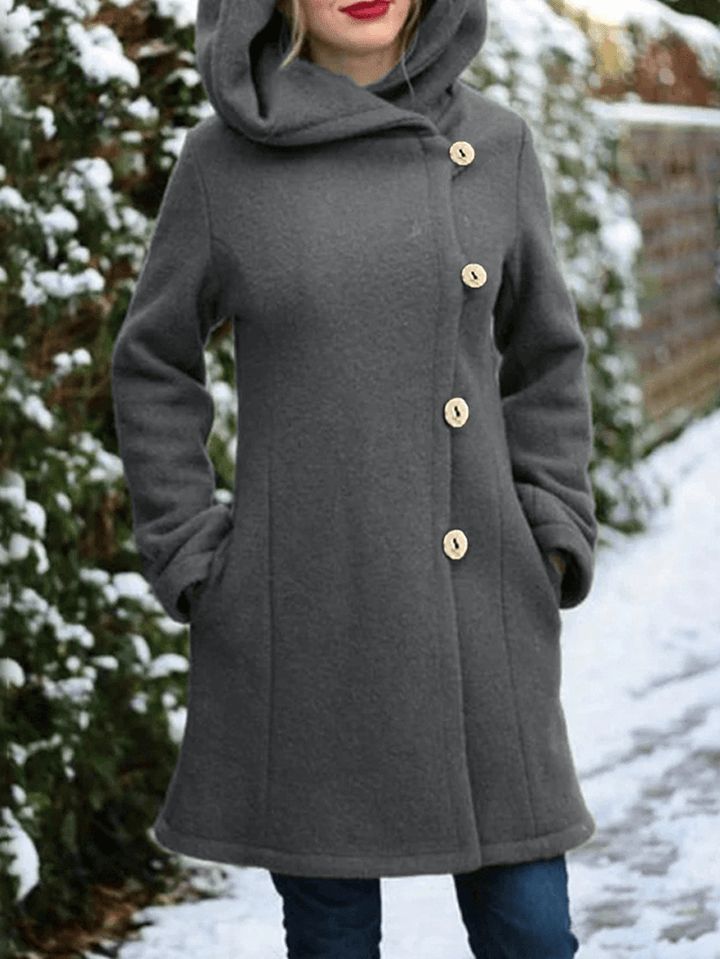 Women Hooded Single-Breasted Pocket Mid-Length Solid Color Warm Coat - MRSLM