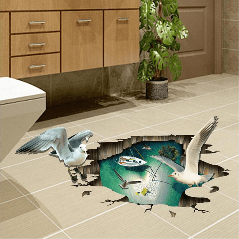 Miico Creative 3D Sea Gulls Birds Sea Island PVC Removable Home Room Floor Decor Sticker - MRSLM