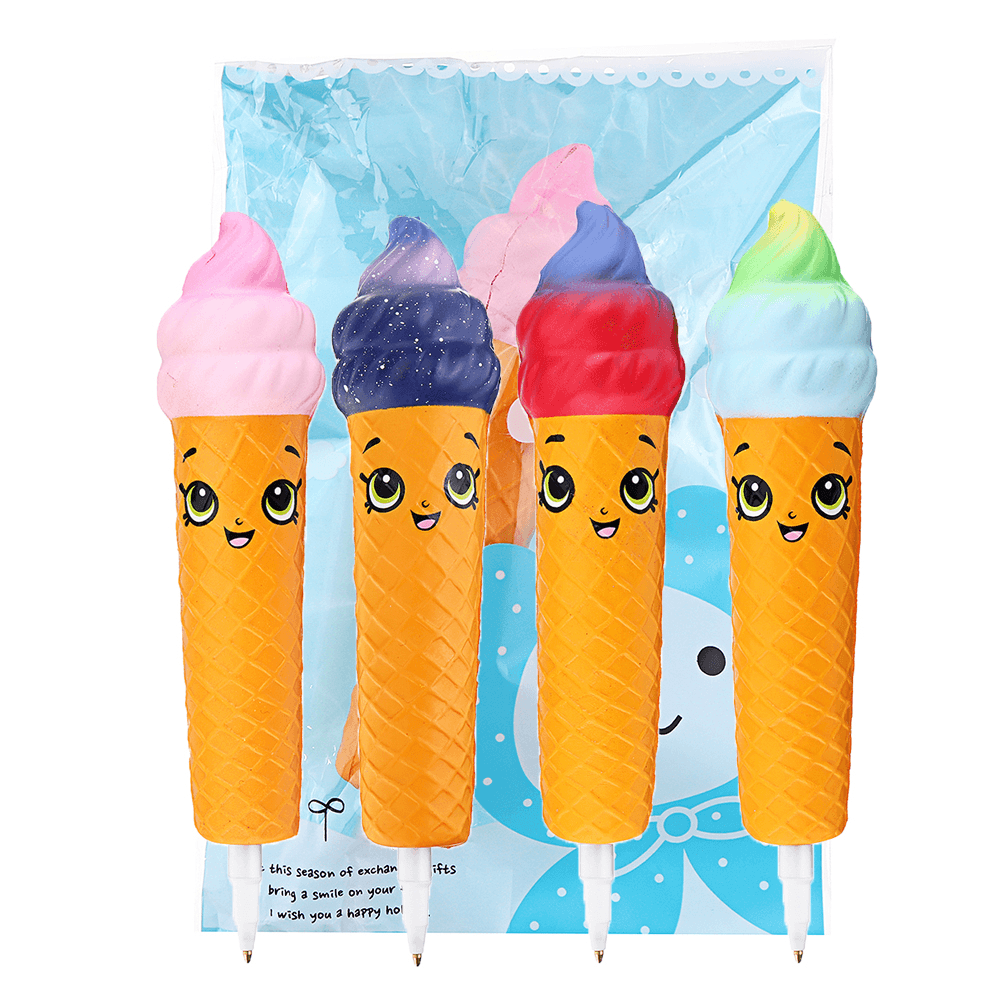 Squishy Pen Cap Smile Face Ice Cream Cone Slow Rising Jumbo with Pen Stress Relief Toys Student Office Gift - MRSLM