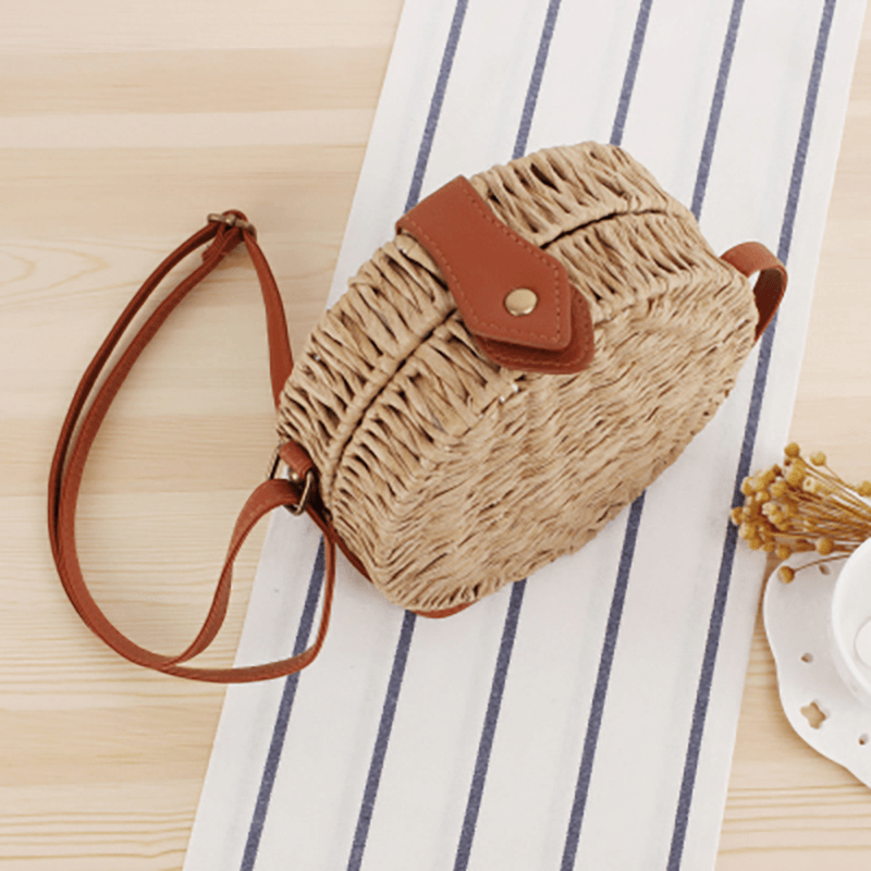 Women round Woven Straw Crossbody Bag Solid Beach Bag - MRSLM