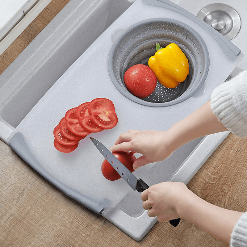 Kitchen Telescopic Multifunctional Thick Plastic Chopping Board Drain Storage Basket - MRSLM