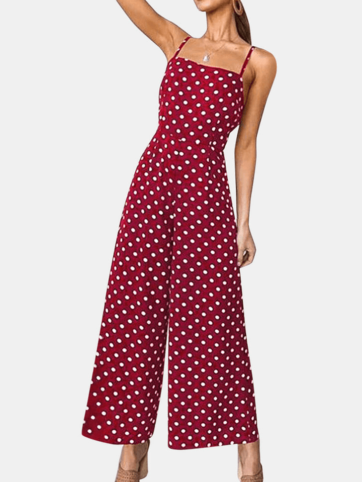 Women Polka Dot Spaghetti Strap Long Rompers Wide Leg Jumpsuit - MRSLM