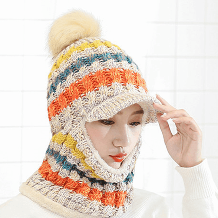 Women Wool One-Piece plus Velvet Thicken Warm Windproof Neck Face Protection Riding Knitted Hat Baseball Hat - MRSLM