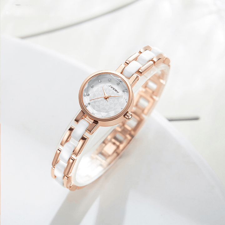 SINOBI 9836 Women Simple Three-Pin Crytal Diamonds Dial Fashion Ceramic Steel Strap Quartz Watch - MRSLM