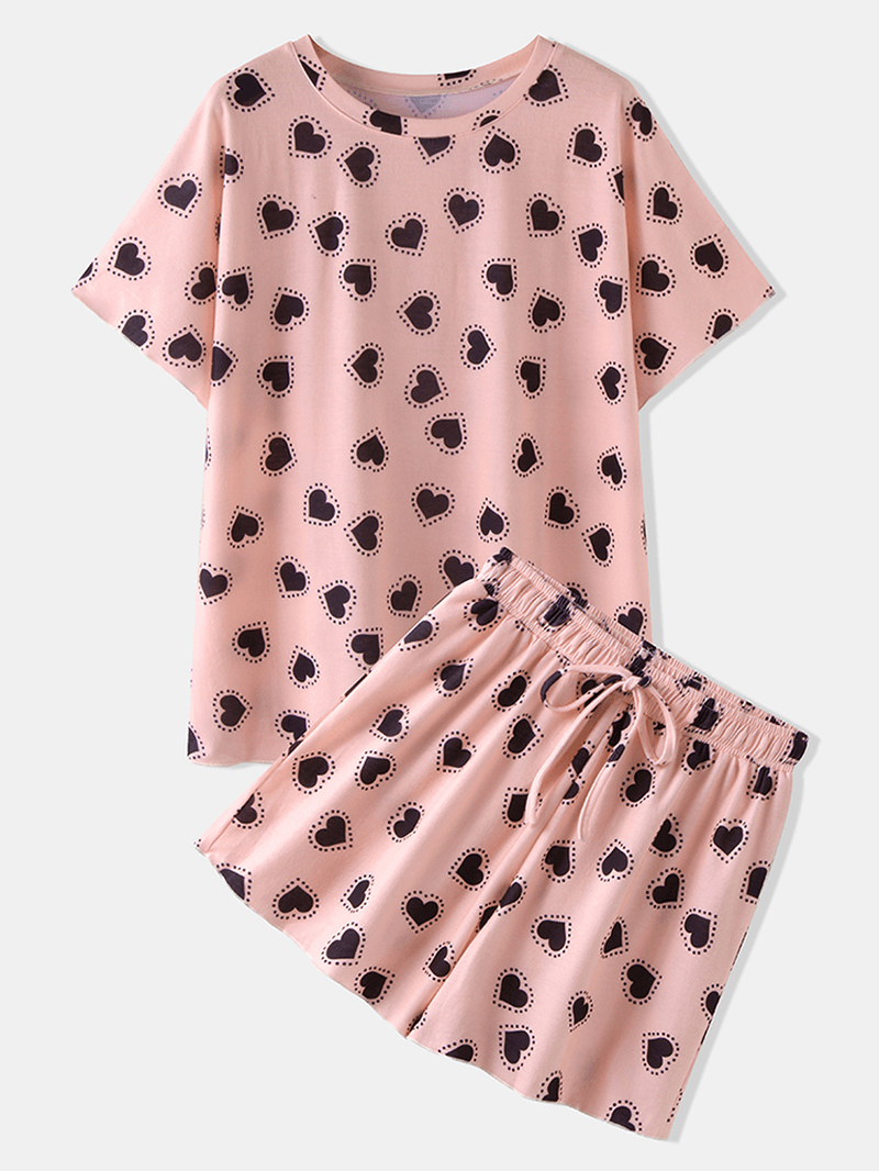 Women Funny Hearts Print Short Sleeve Elastic Waist Drawstring Casual Pajama Set - MRSLM