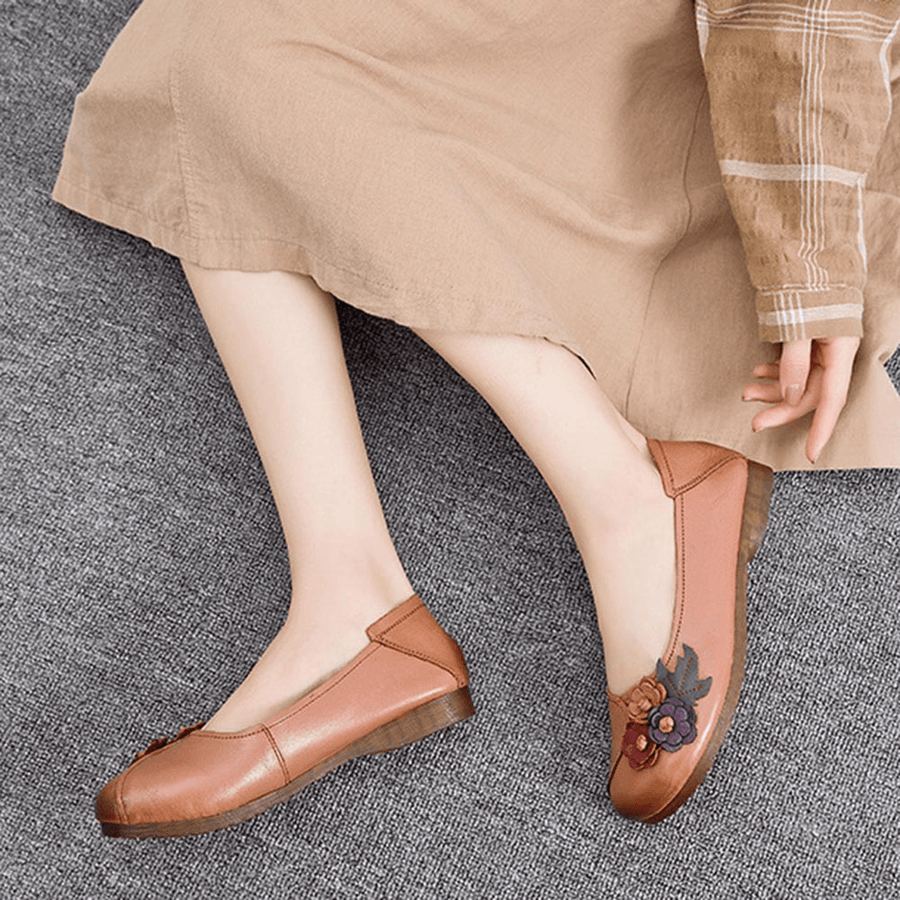 Women Vintage Floral round Toe Genuine Leather Soft Sole Slip on Comfy Flats - MRSLM