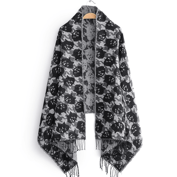 Cat Pattern Fringed Scarf Shawl Both Sides Wearing Plaid Scarf - MRSLM