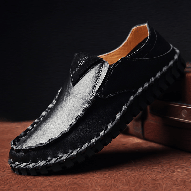 Men Microfiber Leather Breathable Hand Stitching Soft Bottom Slip on Driving Casual Shoes - MRSLM