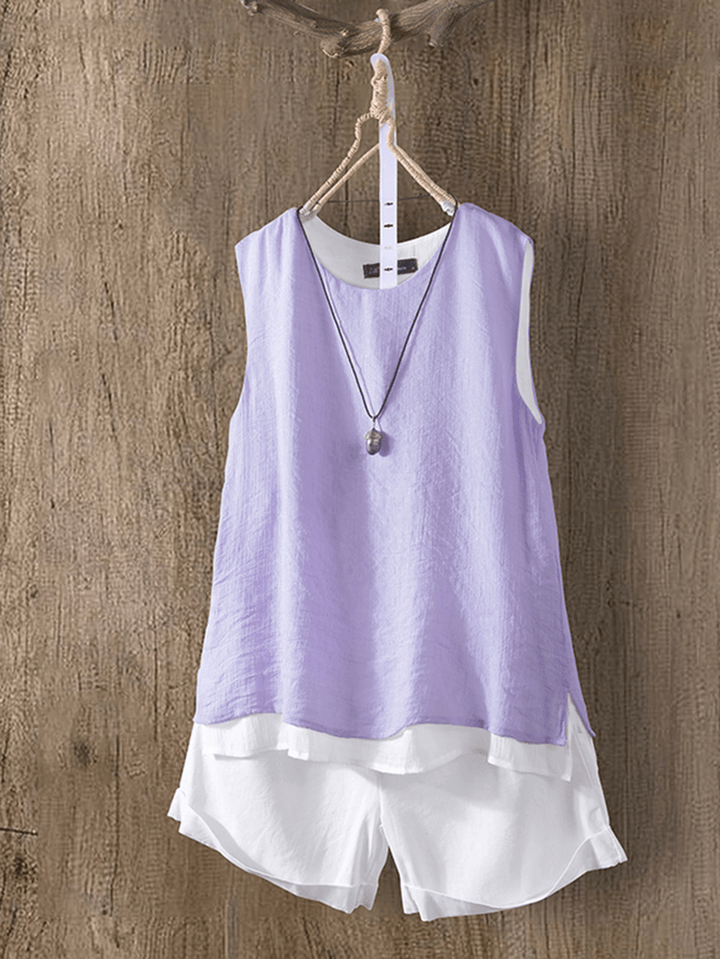 Women O-Neck Pure Color False Two-Piece Sleeveless Tank Tops - MRSLM