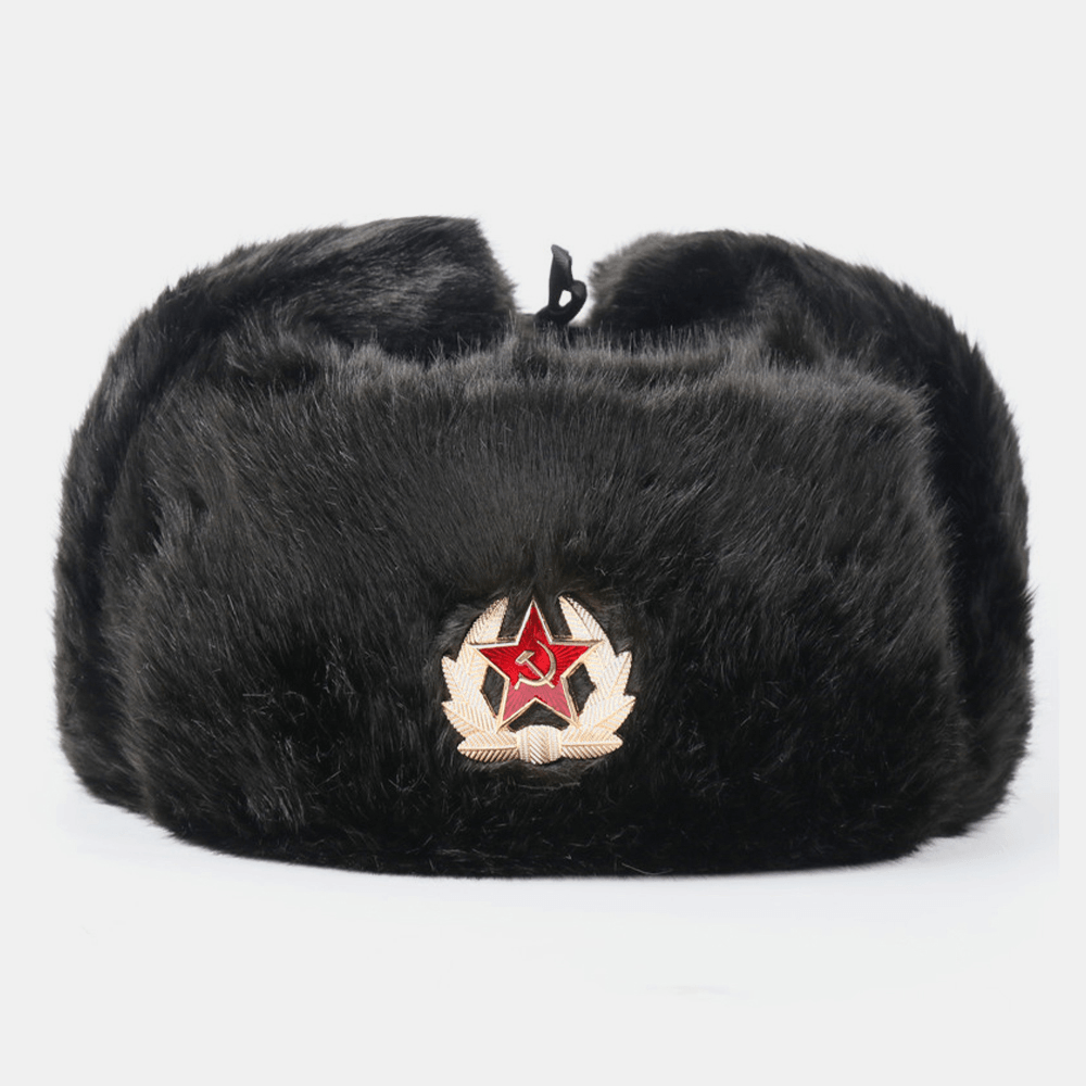 Unisex plus Velvet Soviet Badge Warm Windproof Ear Flaps Protection Outdoor Trapper Hat Ushanka Hat - MRSLM