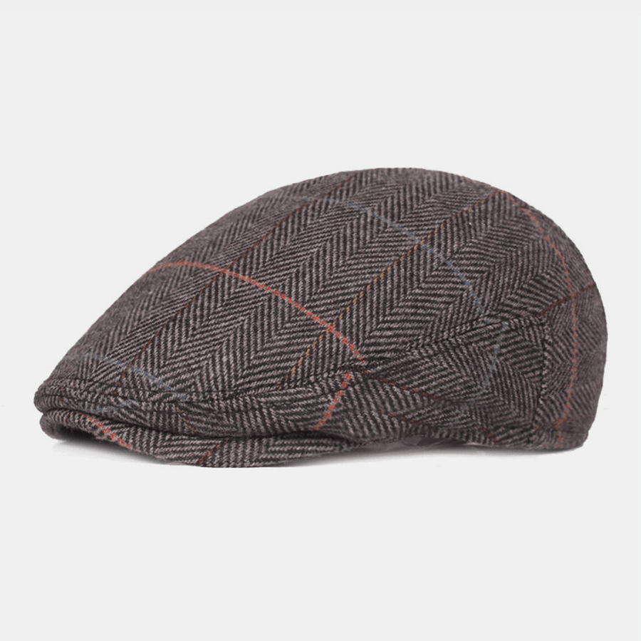 Men Woolen Herringbone Lattice Pattern Berets British Retro Ear Protection Forward Hat Newsboy Hat - MRSLM