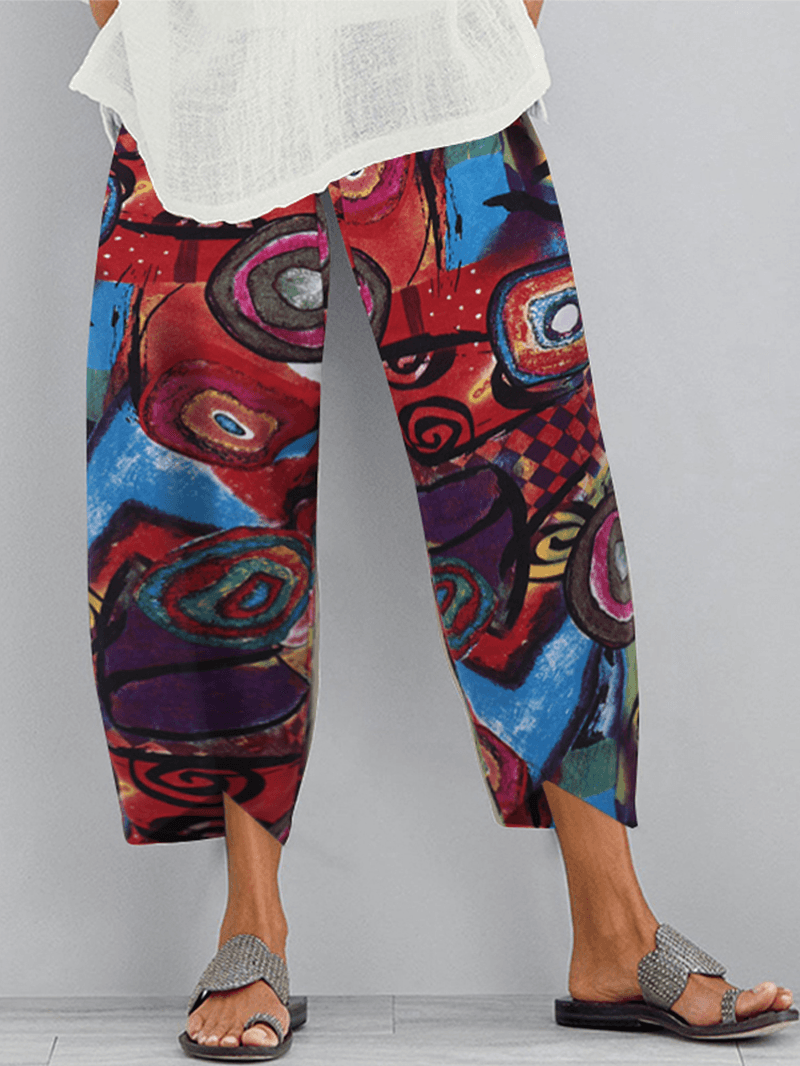 Retro Graffiti Printed Elastic Waist Loose Irregular Hem Casual Pants for Women - MRSLM