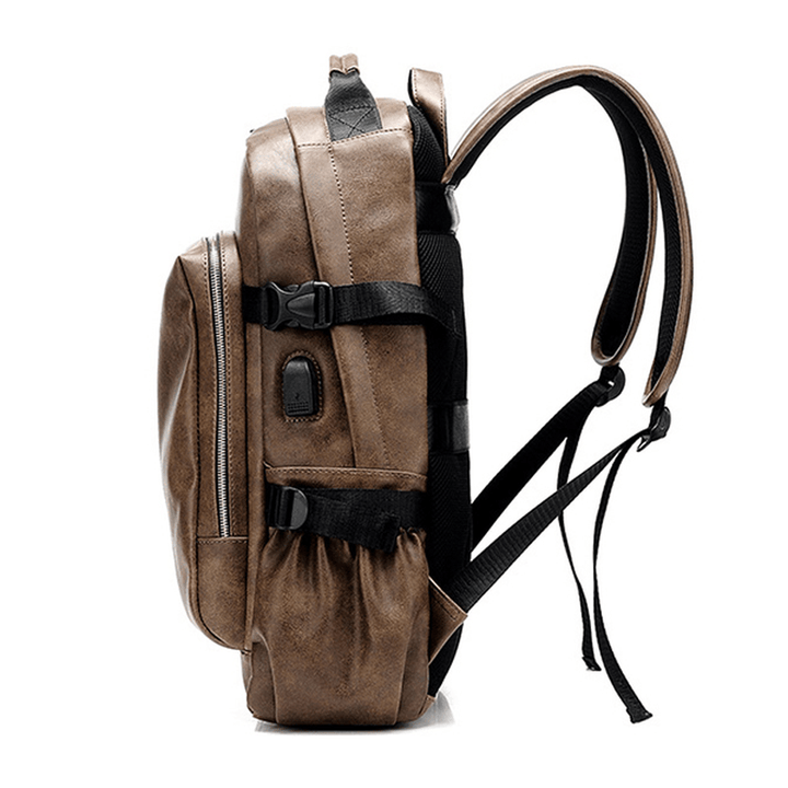 Men Business PU Leather Solid Backpack Casual Computer Bag - MRSLM