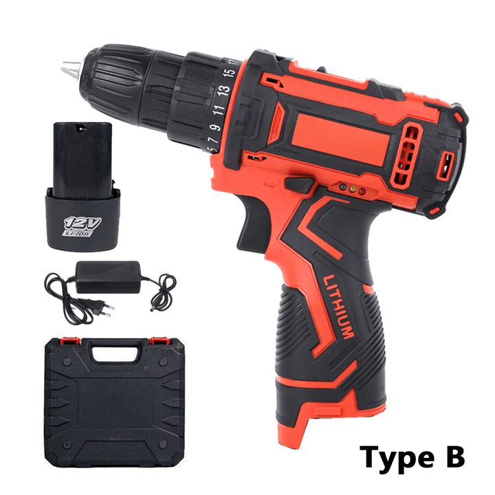 12V Electric Drill Cordless Wireless Rechargeable Electric Screwdriver Drill Set LED W/ 1/2 Batteries Wood Metal Plastic Drilling Tool - MRSLM