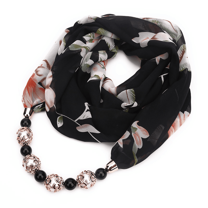 Print Alloy Pendant Scarf Beaded Pendant Scarfprinted Chiffon Necklace - MRSLM