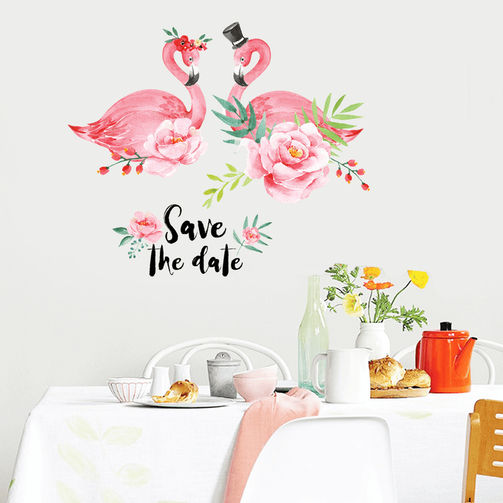 Miico Creative Pink Love Couple Flamingo Flower PVC Removable Home Room Decorative Decor Sticker - MRSLM