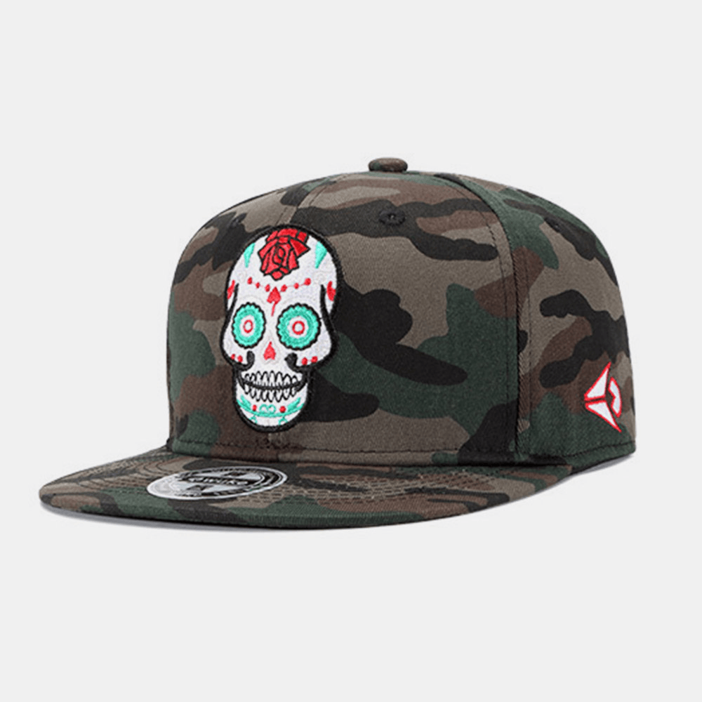 Unisex Camouflage Letters Cartoon Skull Embroidery Big Flat Brim Hip Hop Fashion Baseball Cap - MRSLM