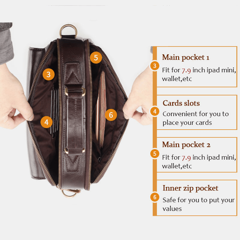 Men Genuine Leather Multi-Pocket Crossbody Bags Large Capacity Retro 6.5 Inch Phone Bag Briefcase Shoulder Bag Handbag - MRSLM