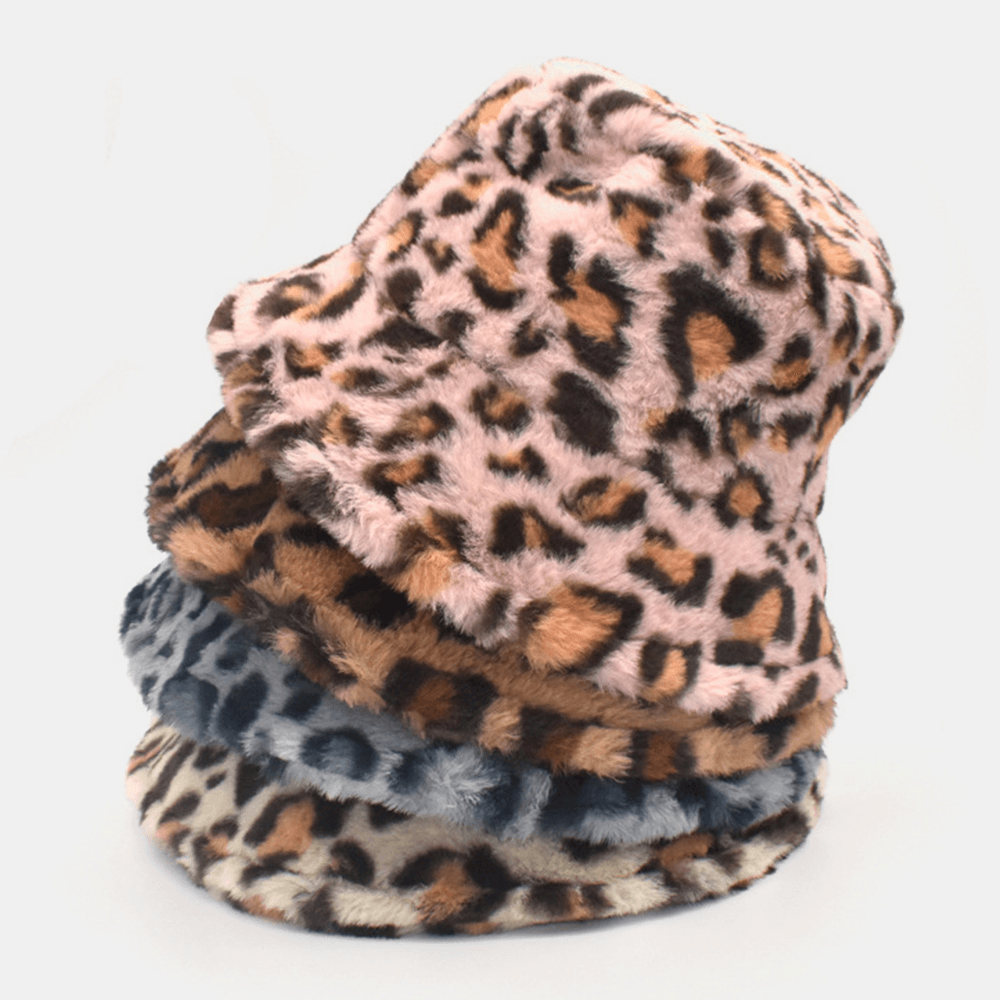 Women Lamb Hair Warm Soft Leopard Pattern Casual Personality Bucket Hat - MRSLM