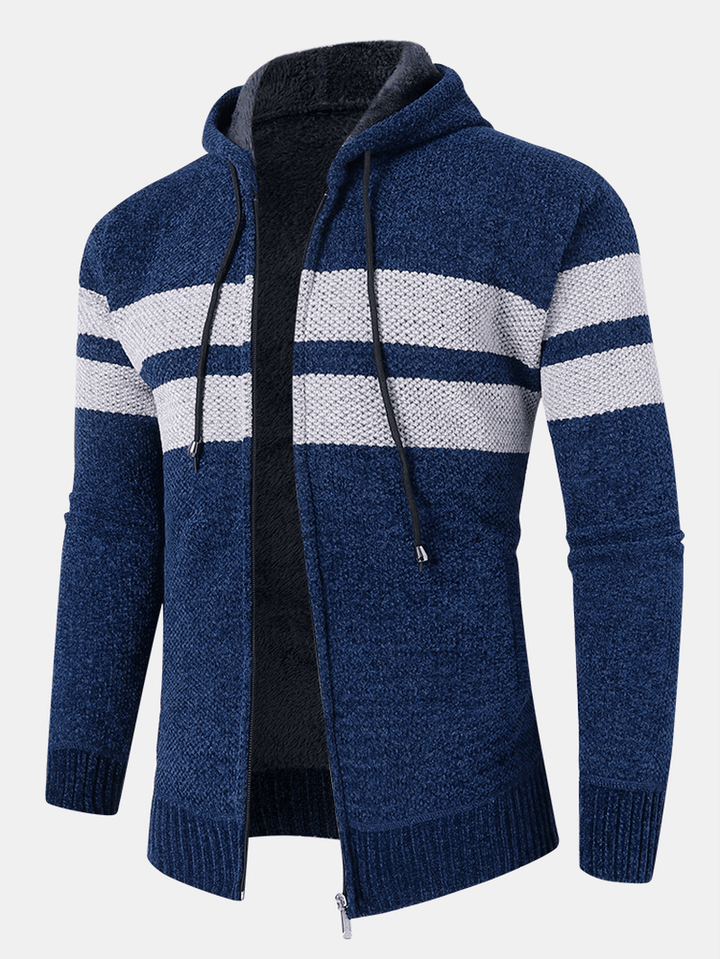 Mens Colorblock Knitted Zipper Warm Hooded Sweater Cardigans - MRSLM