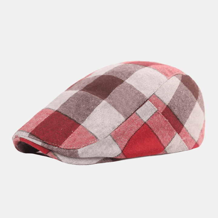 Men Contrasting Colors Plaid Pattern Adjustable Beret Cap Retro Winter Warmth Forward Hat Flat Cap Cabbie Hat - MRSLM