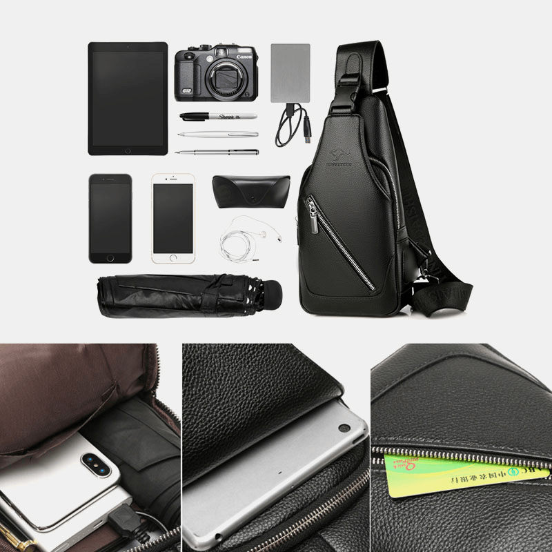 Men PU Leather USB Charging Waterproof Earphone Hole Business Crossbody Bag Chest Bag Sling Bag - MRSLM