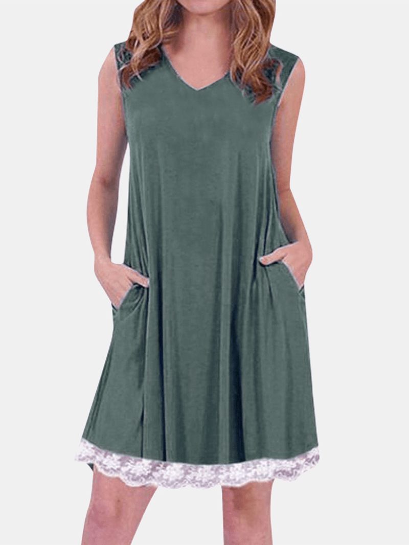 Summer Lace Patchwork Sleeveless Loungewear V-Neck Daily Casual Dress - MRSLM