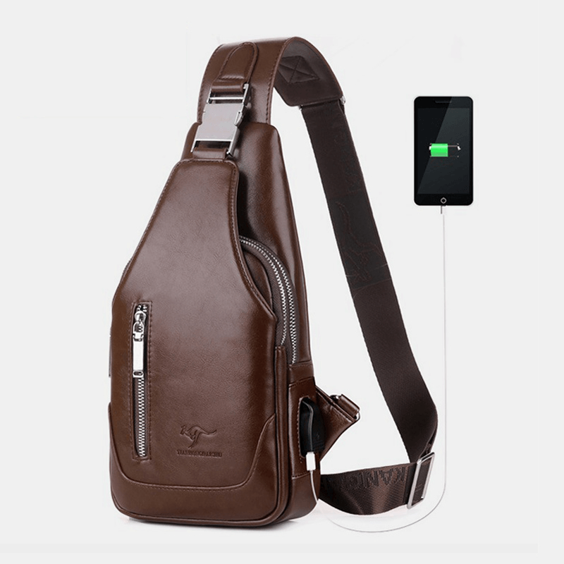 Men PU Leather Business Casual Outdoor Waterproof Multi-Carry Shoulder Bag Crossbody Bag Chest Bag with USB Charging - MRSLM