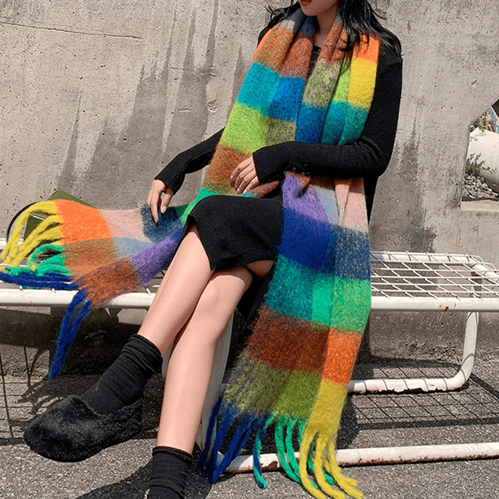 Women Cashmere Dual-Use Rainbow Mixed Color Stripes Thicken Warm plus Long Tassel Scarf Shawl - MRSLM