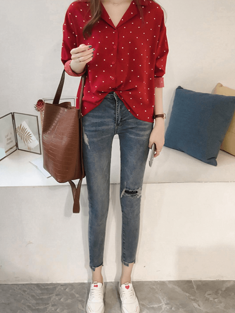 Polka Dot Print V-Neck Long Sleeve Casual Blouse - MRSLM