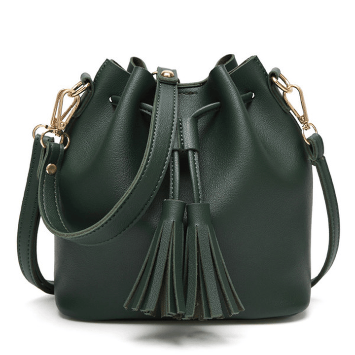 Women PU Leather Drawstring Bucket Bags Retro Tassel Shoulder Bags Crossbody Bags - MRSLM