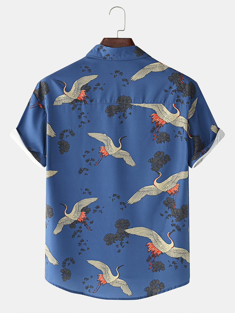 Mens Cotton Crane Print Turn Collar Short Sleeve Shirts - MRSLM