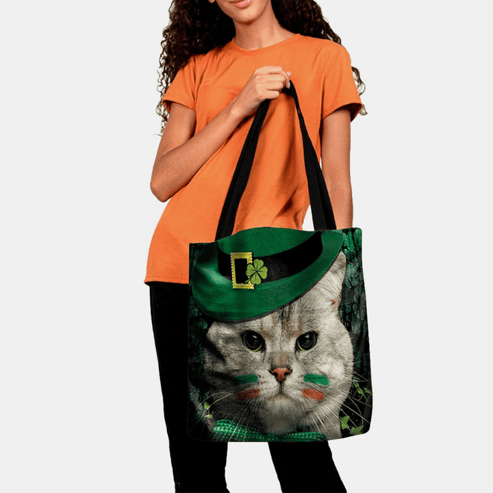 Women Clover Cat Pattern Print Happy St Patrick Day Shoulder Bag Handbag Tote - MRSLM