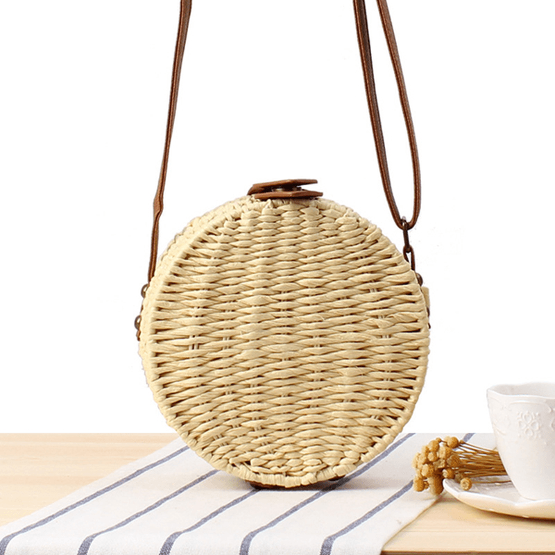 Women round Woven Straw Crossbody Bag Solid Beach Bag - MRSLM