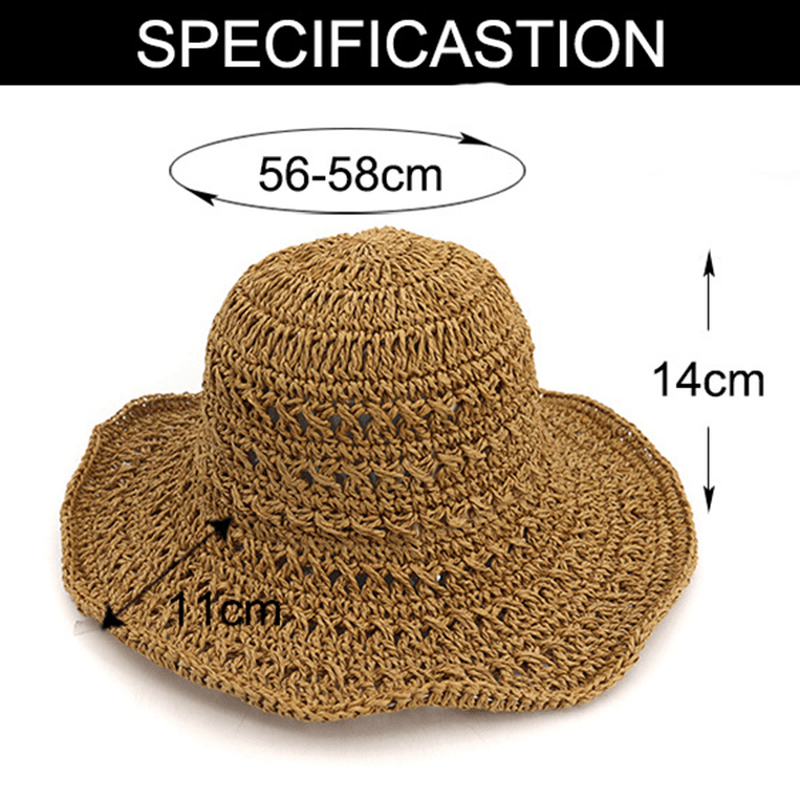 Women Summer Hollow Out Bucket Hat Outdoor Dress Beach Folding Woven Visor - MRSLM