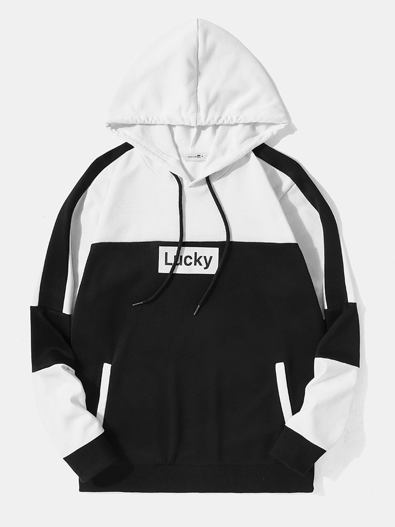 Men Lucky Letter Patchwork Pockets Drawstring Casual Hooded Sweatshirt - MRSLM