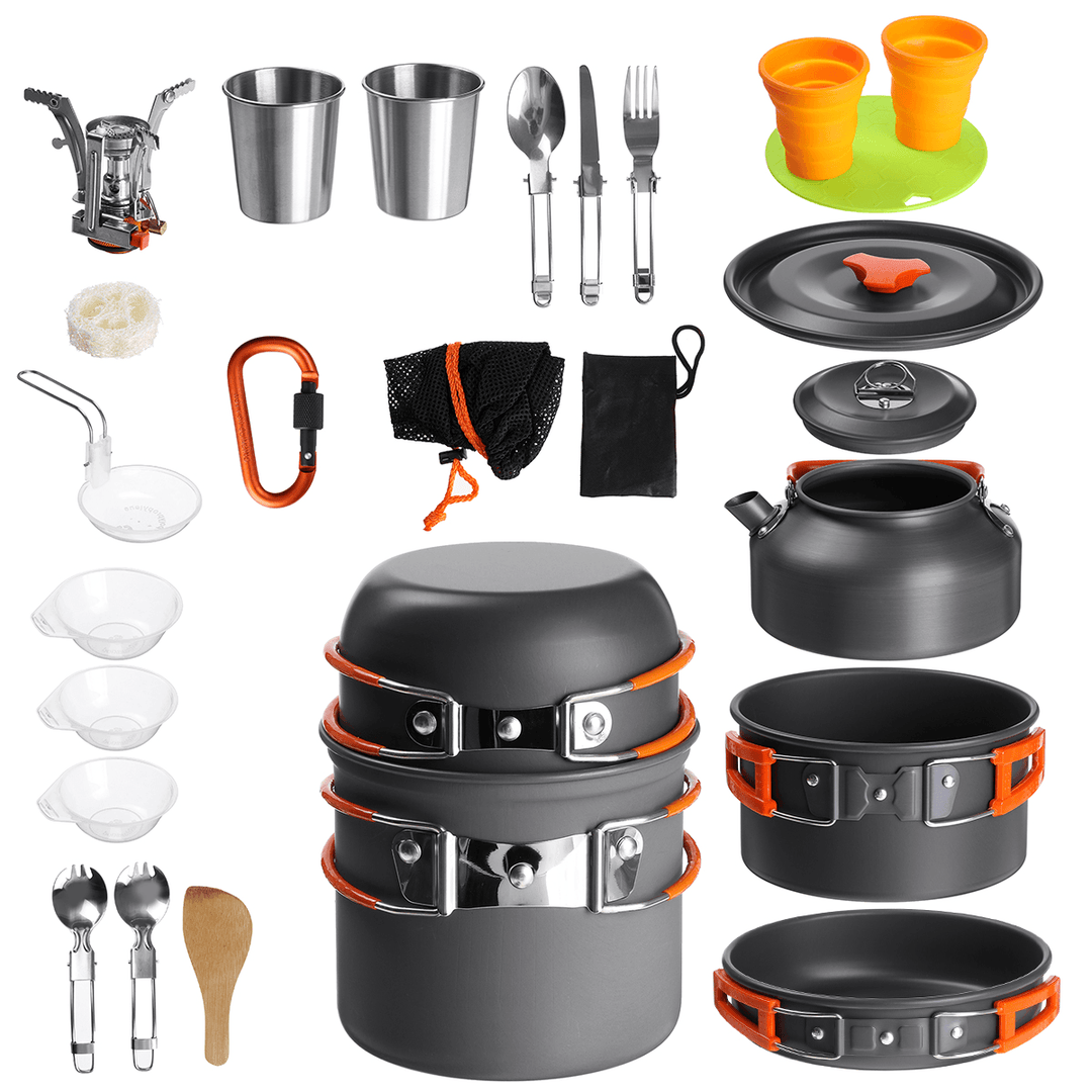 Outdoor Camping Hiking Cookware Tableware Picnic Cooking Pan Fry Pan Kettle Teapot Foldable Fork Spoon Kit Camping Picnic Tools - MRSLM