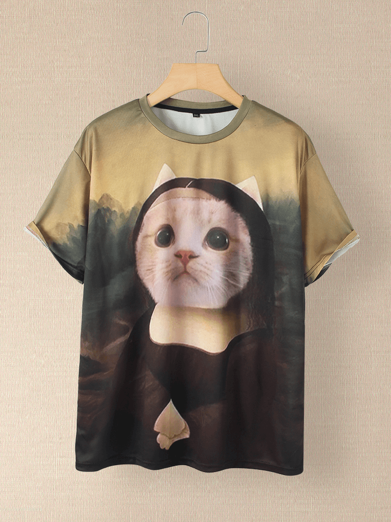 Women Funny Cat Print round Neck Short Sleeve T-Shirts - MRSLM