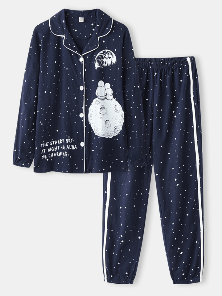 Women Allover Starry Sky Figure Print Revere Collar Cotton Cuffed Pajamas Sets - MRSLM